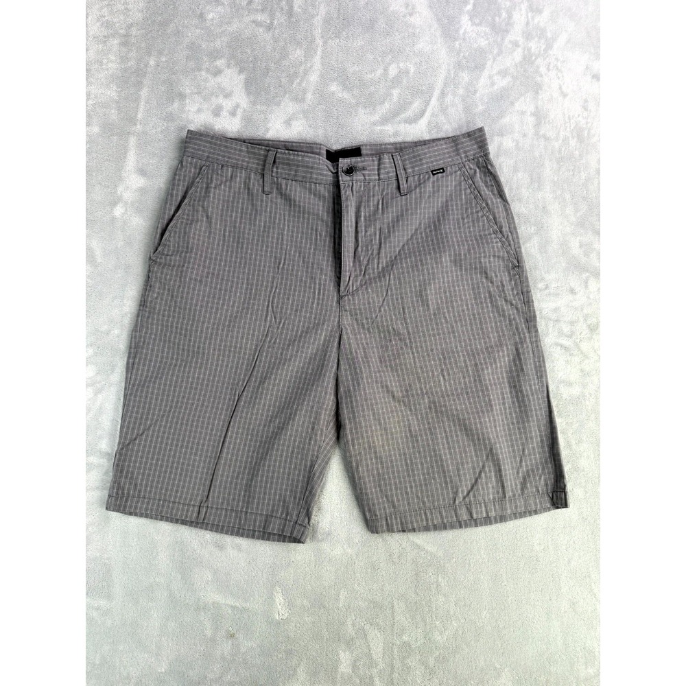 Hurley Chino Shorts Mens 33 Gray Stretch Mid Rise Grid Check Comfort Outdoor